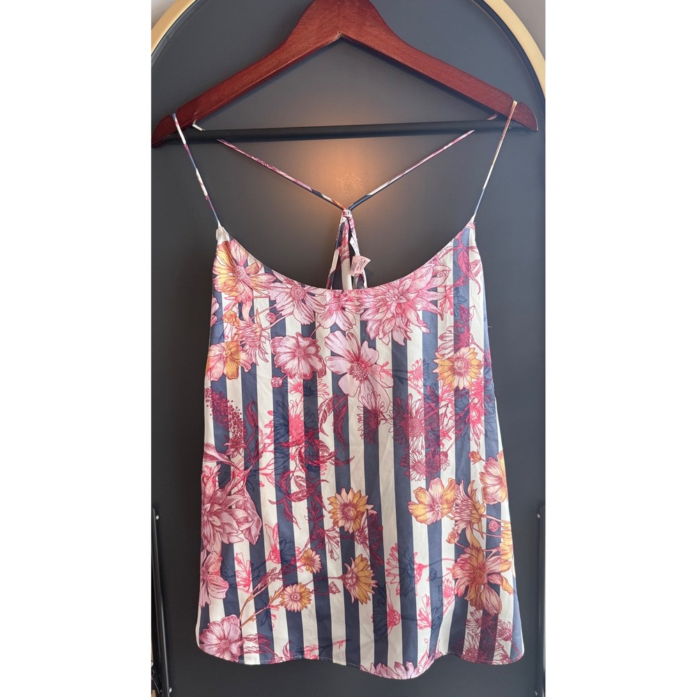 Victoria's Secret Womens XL Floral Striped Satin Cami Top Pink Blue Romantic